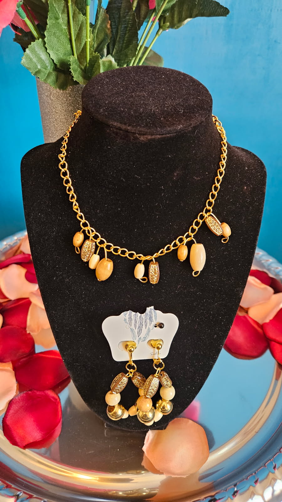 Wooden Bead Necklace with Clip-On Earrings