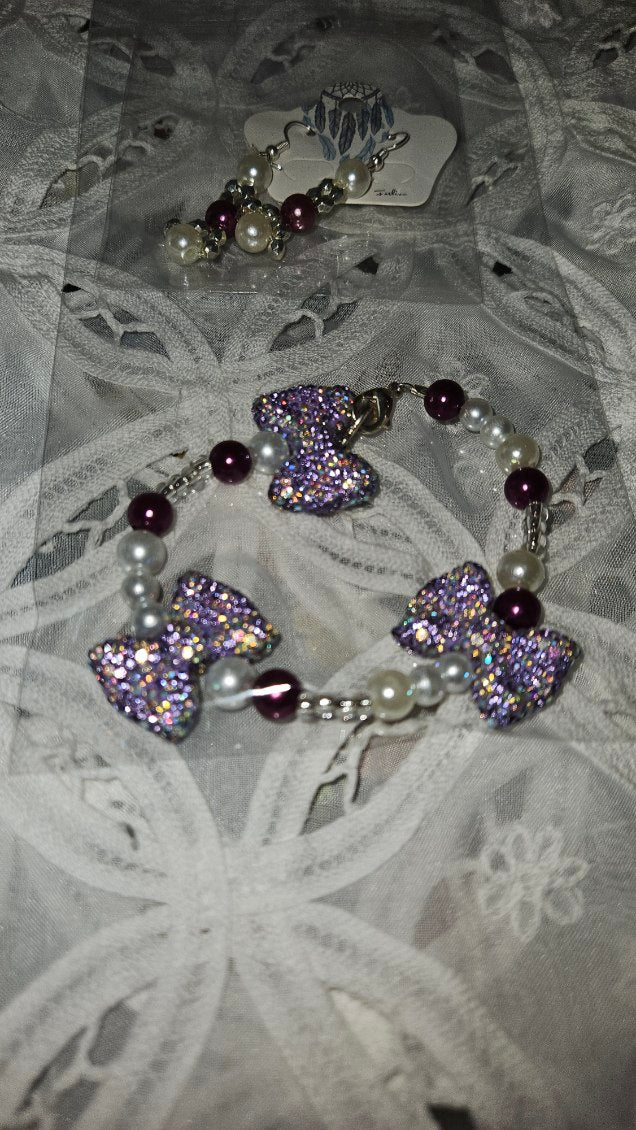 Purple Bow & Pearl Bracelet Set